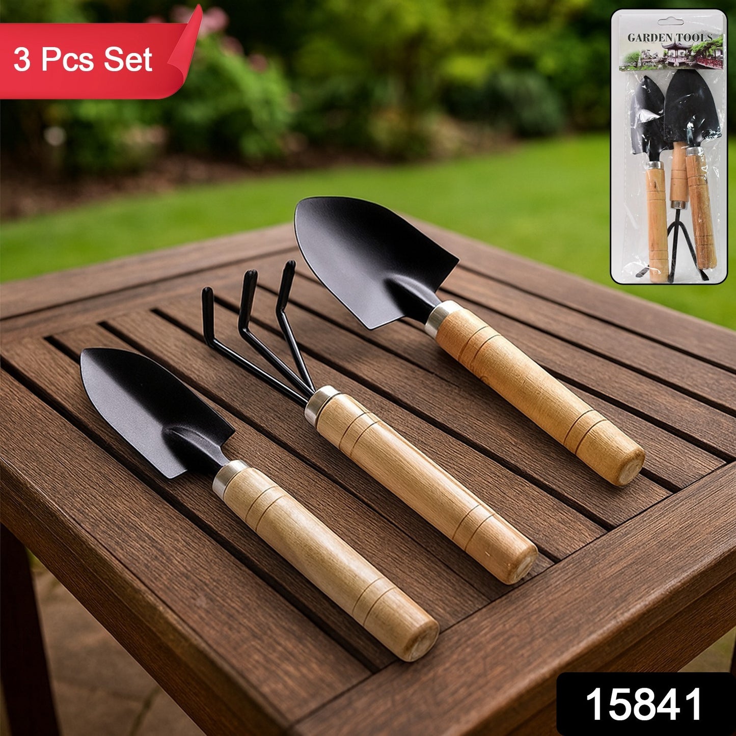Garden Tool Kit Durable Hand Tools Set With Wooden Handle (3 Pc)