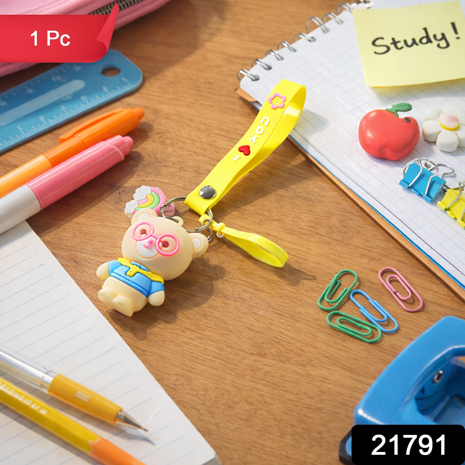 Cute Cartoon Teddy Bear Keychain With Yellow I Love You Strap (1 Pc)