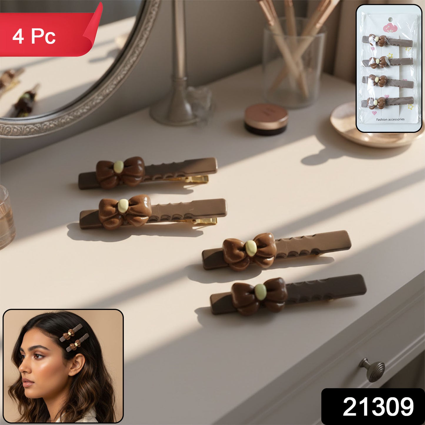 Elegant Bow Design Decorative Hair Clips Set (4 Pc)