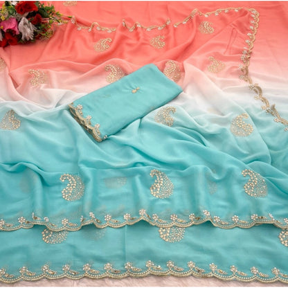 Women's Digital Printed  Geogette Saree With Unstitched Blouse (Blue, 5-6 Mtrs)
