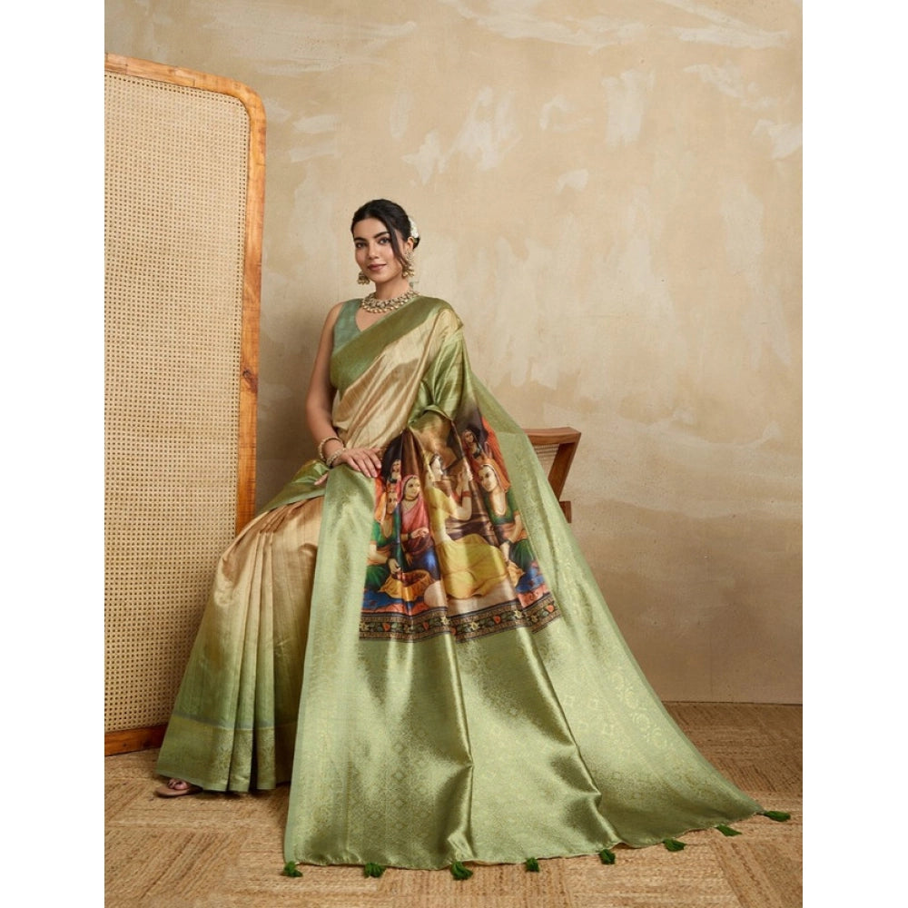 Women's Silk Printed Saree With Unstitched Blouse 5.5Mtr (Mehendi)