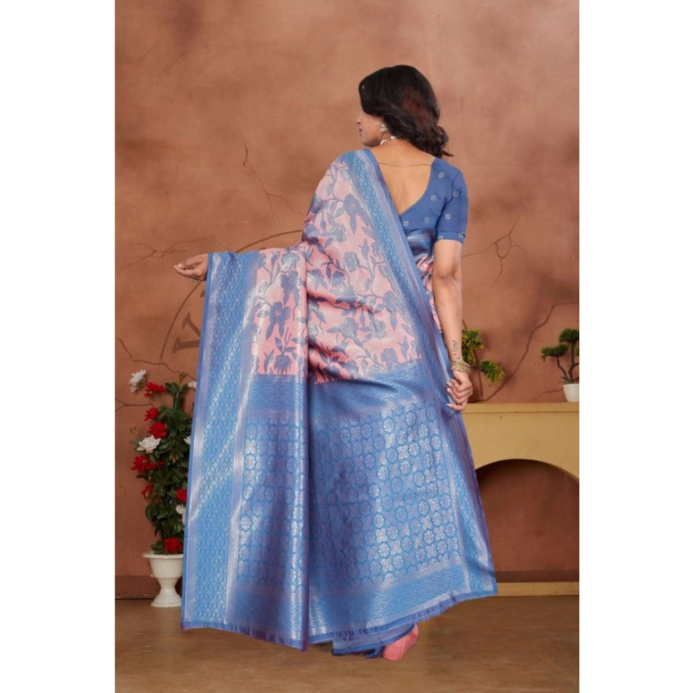 Women's Banarasi Silk Jaquard Woven Saree With Unstitched Blouse 5.5Mtr (Pink)