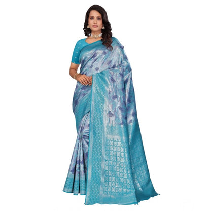 Women's Banarasi Silk Jaquard Woven Saree With Unstitched Blouse 5.5Mtr (Light Blue)