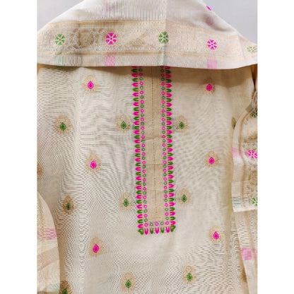 Women's Banarasi Silk Printed Unstitched Salwar Suit Material With Dupatta (White, 3Mtrs)