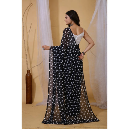 Women's Georgette Printed Saree With Unstitched Blouse 5.5Mtr (Black)