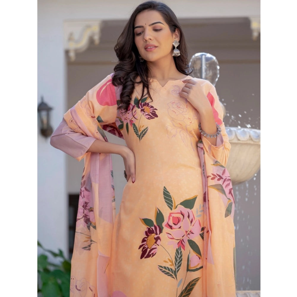Women's Cotton Blend Printed Kurti With Pant Dupatta Set (Orange)