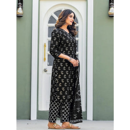 Women's Cotton Blend Printed Kurti With Pant Dupatta Set (Black)