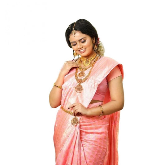 Women's Soft Lichi Silk Printed Saree With Unstitched Blouse 5.5Mtr (Pink)