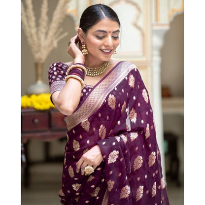 Women's Soft Lichi Silk Printed Saree With Unstitched Blouse 5.5Mtr (Purple)