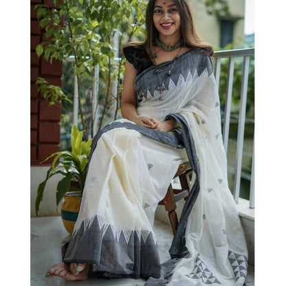 Women's Soft Lilan Printed Saree With Unstitched Blouse 5.5Mtr (White-Black)