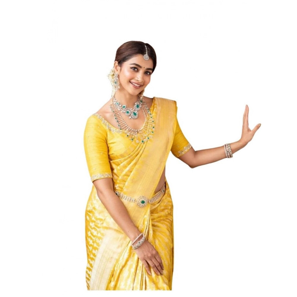 Women's Soft Lichi Silk Printed Saree With Unstitched Blouse 5.5Mtr (Yellow)