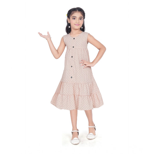 Generic Girl's Slub Printed Sleeve Less Round Neck Dress (Brown)