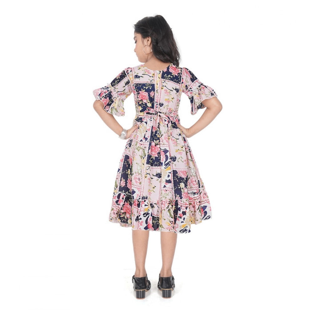 Generic Girl's Shiffon Printed Half Sleeve Round Neck Dress (Peach)