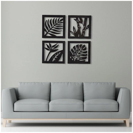 7 Decore Wooden 4 Pieces Square Tree Leaf Wall Art Panel Frame €“ Black (Big Size)
