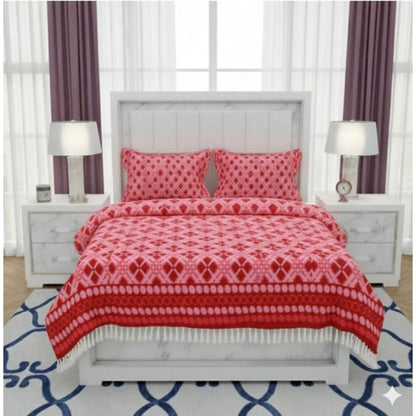 Fleece Geometric Double Polar Warm Bedsheet with 2 Pillow Cover (Red)