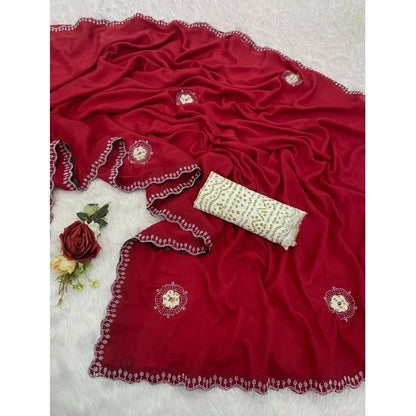 Women's Chiffon Butti Dotted Saree With Unstitched Blouse 5.5Mtr (Red)