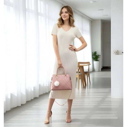 Women's PU Leather Solid Shoulder Zipper Handbag (Pink)