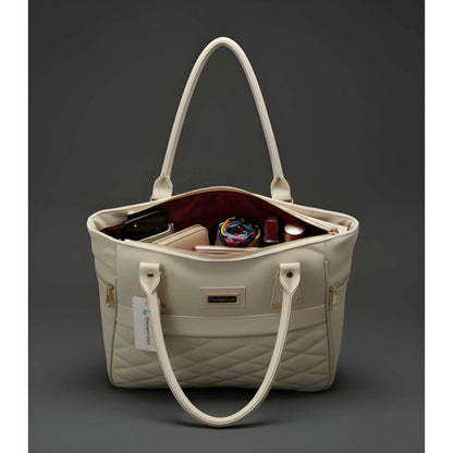 Women's PU Leather Solid Shoulder Zipper Handbag (Cream)
