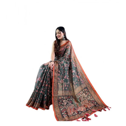Women's Linen Printed Saree With Unstitched Blouse 5.5Mtr (Green)