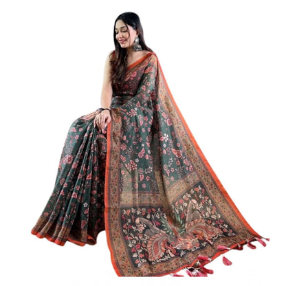 Women's Linen Printed Saree With Unstitched Blouse 5.5Mtr (Green)