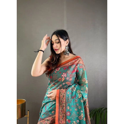 Women's Linen Printed Saree With Unstitched Blouse 5.5Mtr (Olive)