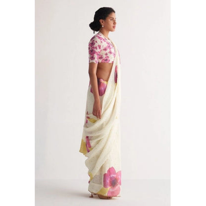 Women's Linen Printed Saree With Unstitched Blouse 5.5Mtr (White)
