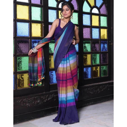 Women's Linen Printed Saree With Unstitched Blouse 5.5Mtr (Navy)