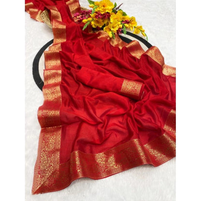Women's Vichitra Silk Printed Saree With Unstitched Blouse 5.5Mtr (Red)