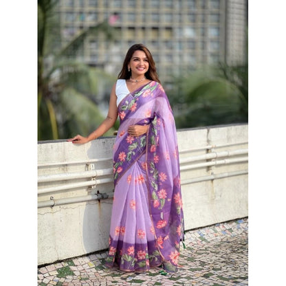 Women's Linen Printed Saree With Unstitched Blouse 5.5Mtr (Purple)
