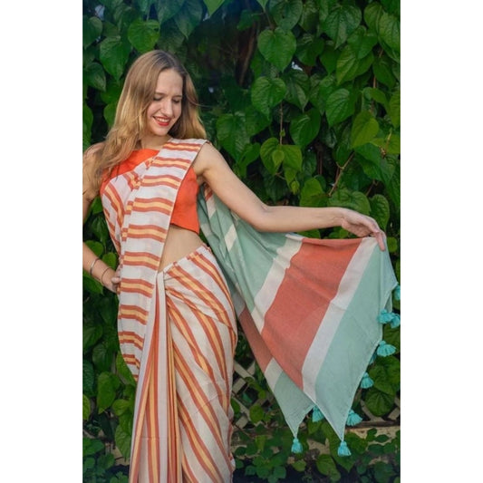 Women's Linen Printed Saree With Unstitched Blouse 5.5Mtr (Orange)
