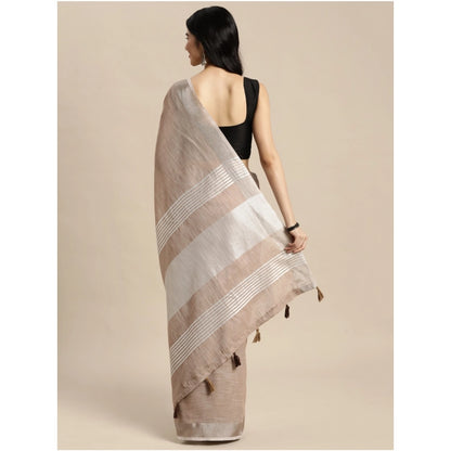 Women's Linen Cotton Printed Saree With Unstitched Blouse 5.5Mtr (Beige)