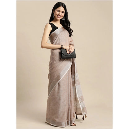 Women's Linen Cotton Printed Saree With Unstitched Blouse 5.5Mtr (Beige)