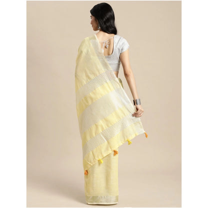 Women's Linen Cotton Printed Saree With Unstitched Blouse 5.5Mtr (Yellow)