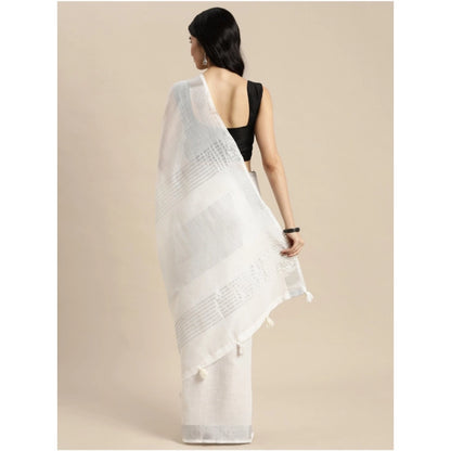 Women's Linen Cotton Printed Saree With Unstitched Blouse 5.5Mtr (White)