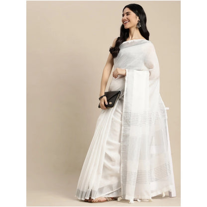 Women's Linen Cotton Printed Saree With Unstitched Blouse 5.5Mtr (White)