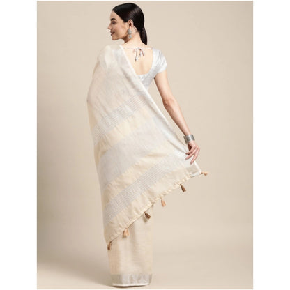 Women's Linen Cotton Printed Saree With Unstitched Blouse 5.5Mtr (Cream)