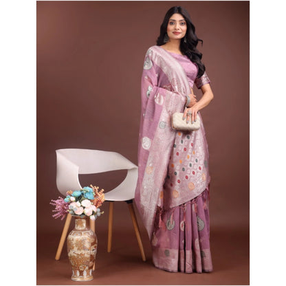 Women's Linen Cotton Printed Saree With Unstitched Blouse 5.5Mtr (Purple)