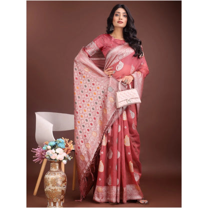 Women's Linen Cotton Printed Saree With Unstitched Blouse 5.5Mtr (Pink)