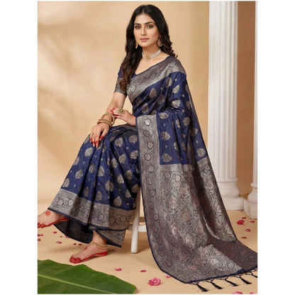Women's Silk Blend Printed Saree With Unstitched Blouse 5.5Mtr (Navy Blue)