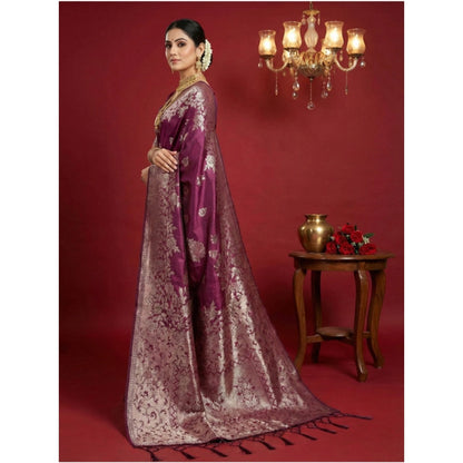Women's Silk Blend Printed Saree With Unstitched Blouse 5.5Mtr (Purple)