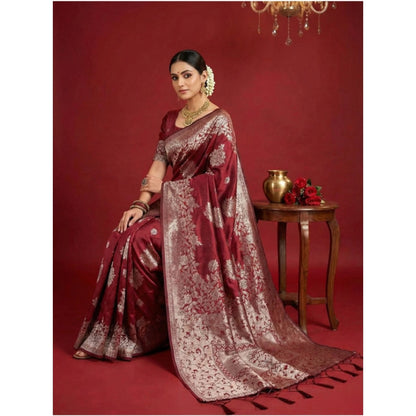 Women's Silk Blend Printed Saree With Unstitched Blouse 5.5Mtr (Maroon)