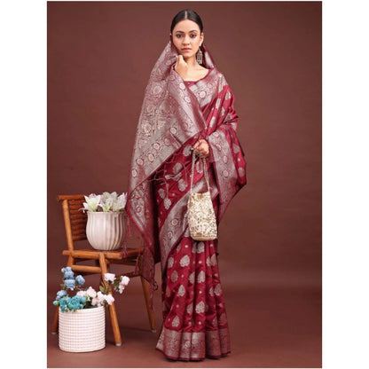 Women's Banarasi Silk Printed Saree With Unstitched Blouse 5.5Mtr (Maroon)