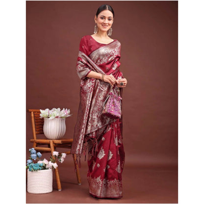 Women's Banarasi Silk Printed Saree With Unstitched Blouse 5.5Mtr (Maroon)