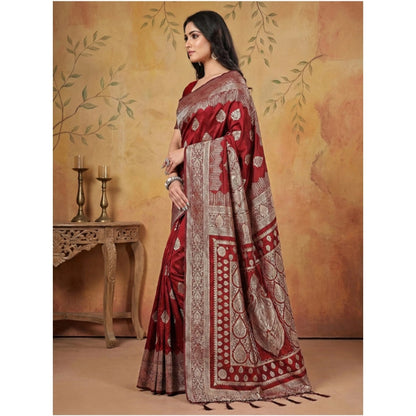 Women's Silk Blend Printed Saree With Unstitched Blouse 5.5Mtr (Maroon)