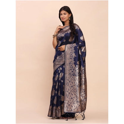 Women's Banarasi Silk Printed Saree With Unstitched Blouse 5.5Mtr (Navy Blue)