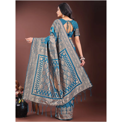 Women's Silk Printed Saree With Unstitched Blouse 5.5Mtr (Teal)