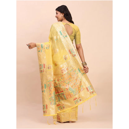 Women's Linen Cotton Printed Saree With Unstitched Blouse 5.5Mtr (Yellow)