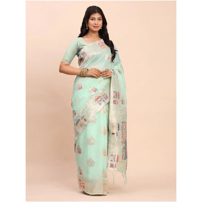 Women's Linen Cotton Printed Saree With Unstitched Blouse 5.5Mtr (Sea Green)