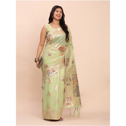 Women's Linen Cotton Printed Saree With Unstitched Blouse 5.5Mtr (Light Green)