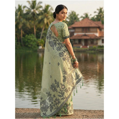 Women's Linen Cotton Printed Saree With Unstitched Blouse 5.5Mtr (Light Green)